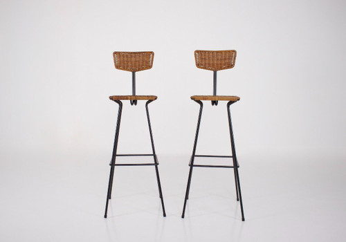 Pair Of Modernist Erwin Behr Rattan Stools