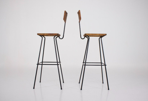 Pair Of Modernist Erwin Behr Rattan Stools