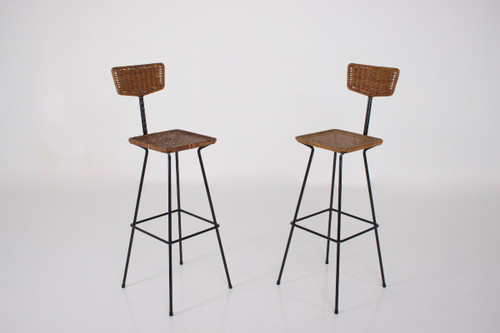 Pair Of Modernist Erwin Behr Rattan Stools