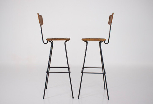 Pair Of Modernist Erwin Behr Rattan Stools