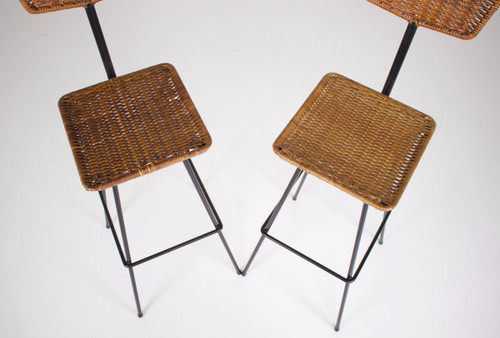 Pair Of Modernist Erwin Behr Rattan Stools