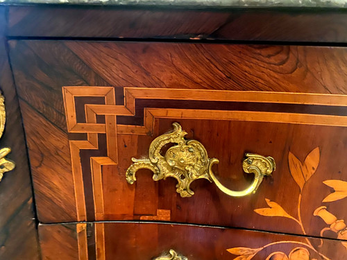 Superb rare and elegant two-drawer chest of drawers with rich marquetry of Louis XV musical instruments