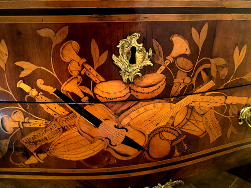 Superb rare and elegant two-drawer chest of drawers with rich marquetry of Louis XV musical instruments