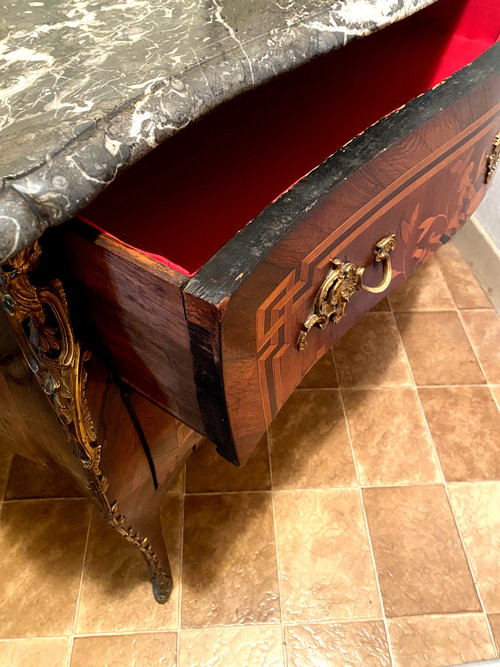 Superb rare and elegant two-drawer chest of drawers with rich marquetry of Louis XV musical instruments