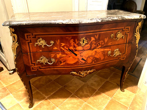 Superb rare and elegant two-drawer chest of drawers with rich marquetry of Louis XV musical instruments