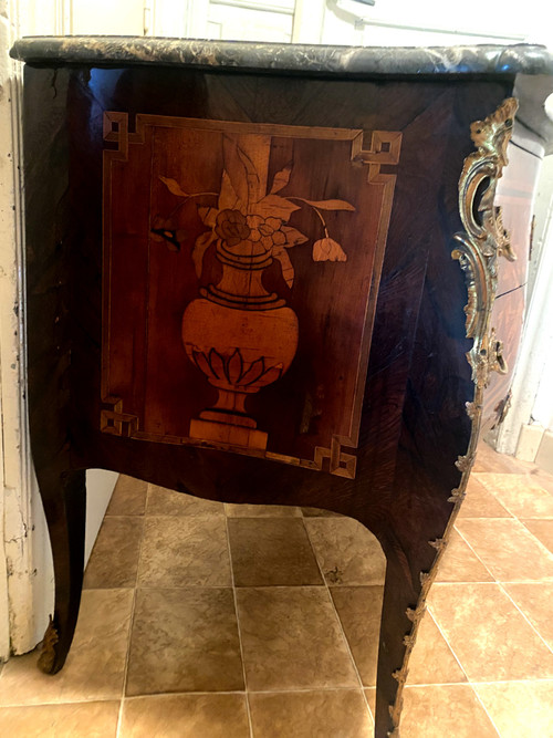 Superb rare and elegant two-drawer chest of drawers with rich marquetry of Louis XV musical instruments