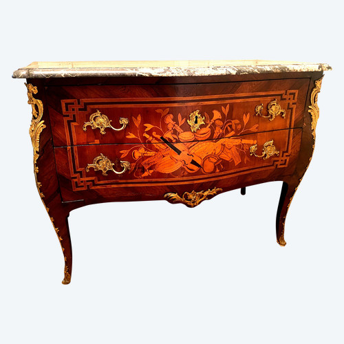 Superb rare and elegant two-drawer chest of drawers with rich marquetry of Louis XV musical instruments