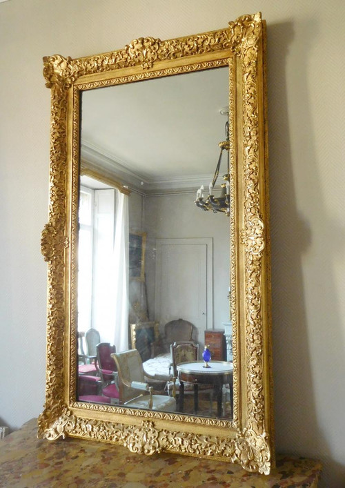 Miroir d'Entre Deux Ou De Cheminée Bois Doré Style Louis XIV Régence - Glace Mercure 160 X 96cm