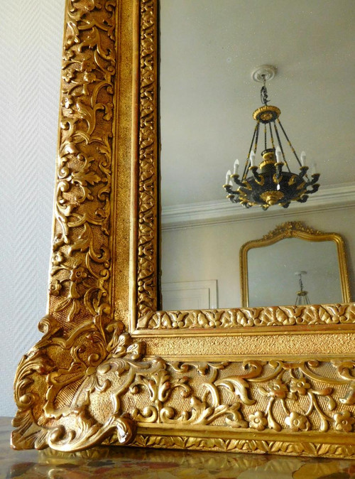 Miroir d'Entre Deux Ou De Cheminée Bois Doré Style Louis XIV Régence - Glace Mercure 160 X 96cm