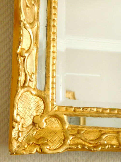 Closed Pare Mirror In Golden Wood and Mercury Glass, Louis XIV Regency Period 48x56cm