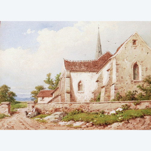 Joseph Laurent PELLETIER, Frau und Hund vor einer Kirche