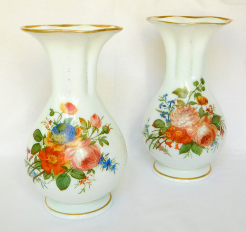 Baccarat, Pair Of Hand-Painted Opaline Vases With Polychrome & Gold Bouquets Of Flowers 1840