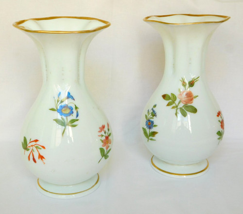 Baccarat, Pair Of Hand-Painted Opaline Vases With Polychrome & Gold Bouquets Of Flowers 1840