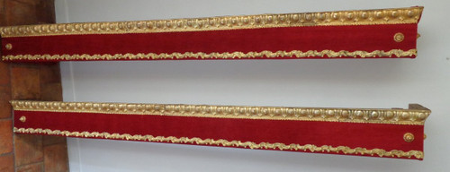 Pair of Louis XVI Style Valances, c. Napoleon III, Red Velvet, Repoussé Brass