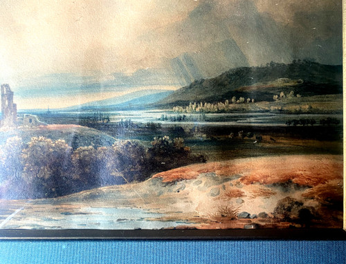 Very beautiful Romantic watercolor with the image of a river valley with well-framed 19th century ruin