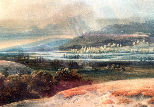 Very beautiful Romantic watercolor with the image of a river valley with well-framed 19th century ruin