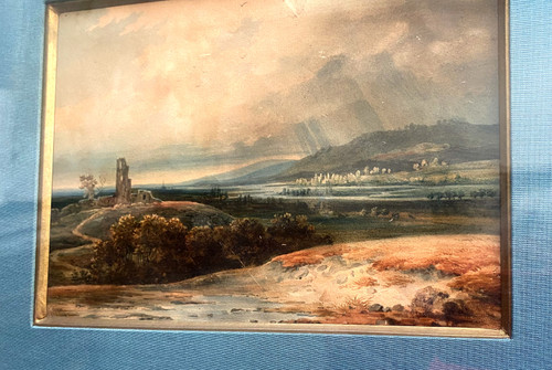 Very beautiful Romantic watercolor with the image of a river valley with well-framed 19th century ruin