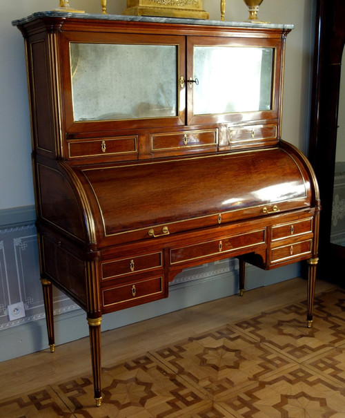 Louis XVI Period Mahogany Bookcase Cylinder Desk, Buff Varnished