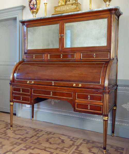 Louis XVI Period Mahogany Bookcase Cylinder Desk, Buff Varnished