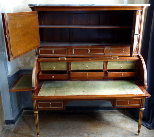 Louis XVI Period Mahogany Bookcase Cylinder Desk, Buff Varnished