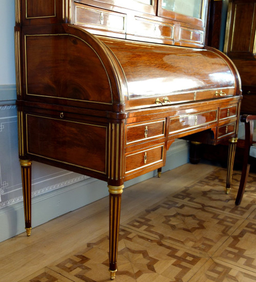 Louis XVI Period Mahogany Bookcase Cylinder Desk, Buff Varnished