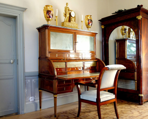 Louis XVI Period Mahogany Bookcase Cylinder Desk, Buff Varnished