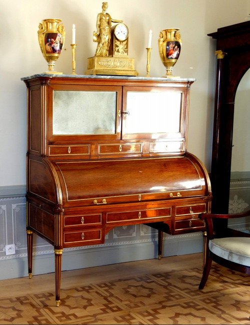 Louis XVI Period Mahogany Bookcase Cylinder Desk, Buff Varnished