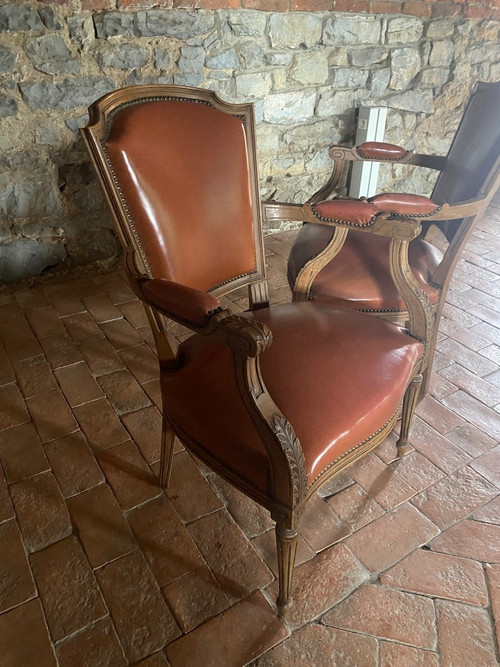 Paar Sessel Directoire Ende 19. Mit Skai Orange