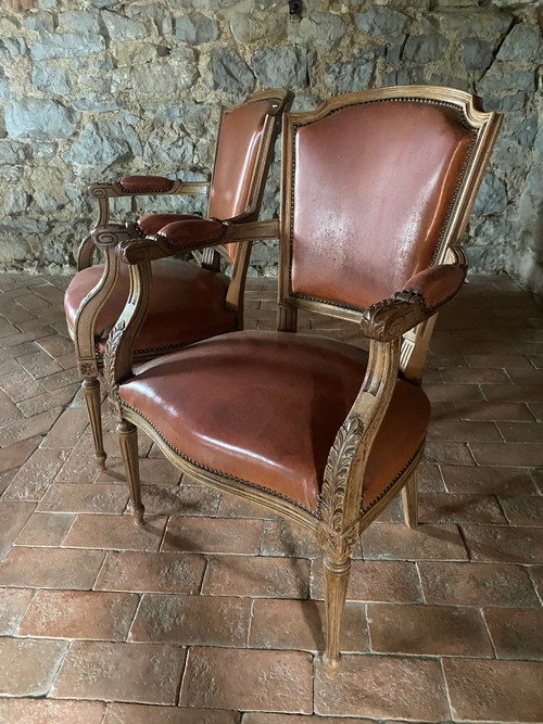 Paar Sessel Directoire Ende 19. Mit Skai Orange