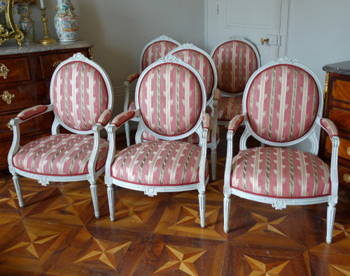 Living Room Furniture - 6 Louis XVI Period Queen Armchairs with Medallion Backrest