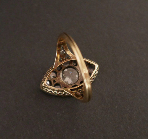 Importante Bague Marquise Diamants Taille Rose, Or Et Platine.