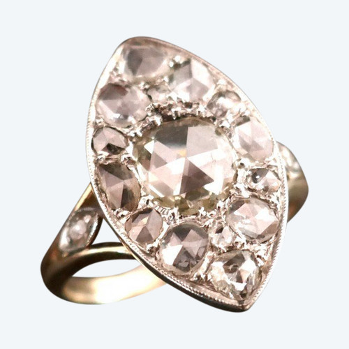 Importante Bague Marquise Diamants Taille Rose, Or Et Platine.