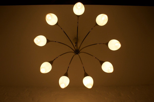 Vereinigte Werksätten: Modernist Chandelier In Brass And Opalines.