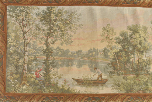 Tapestry Jules Pansu Paris Gobelins Panels representing an animated scene on the banks of a river