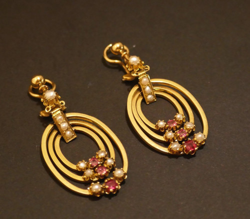 Ruby And Fine Pearl Drop Earrings, 18 Carat Gold.