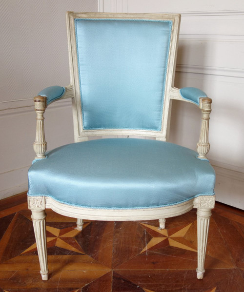 Pair De Fauteuils Cabriolets d'époque Louis XVI Canetillé De Soie Bleu