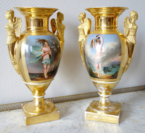 Pair Of Large Empire Period Porcelain Vases - allegories of air and water - 38,5cm