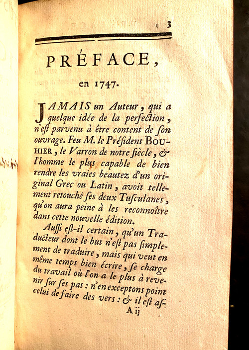 Les Trusculanes de Cicéron en deux beaux volumes in 12 imprimés à Paris chez la Vve Gandouin en 1747