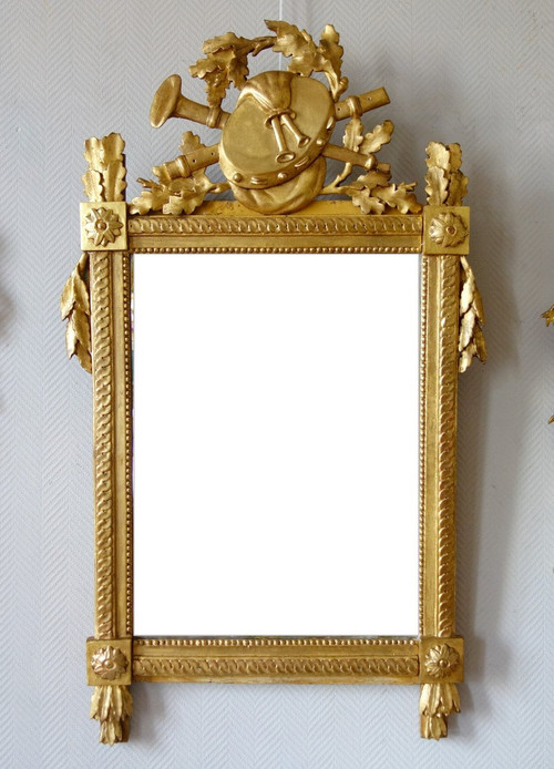 Large Louis XVI Period Giltwood Mirror, Provencal Model, Music Trophy Pediment