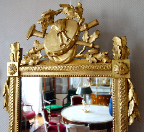 Large Louis XVI Period Giltwood Mirror, Provencal Model, Music Trophy Pediment