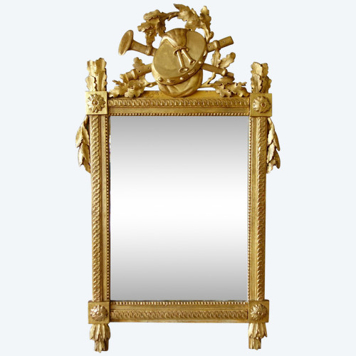 Large Louis XVI Period Giltwood Mirror, Provencal Model, Music Trophy Pediment