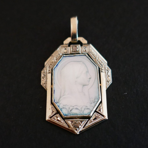 Art Deco Medal, Mother-of-Pearl Virgin, Rose-Cut Diamonds with chain.