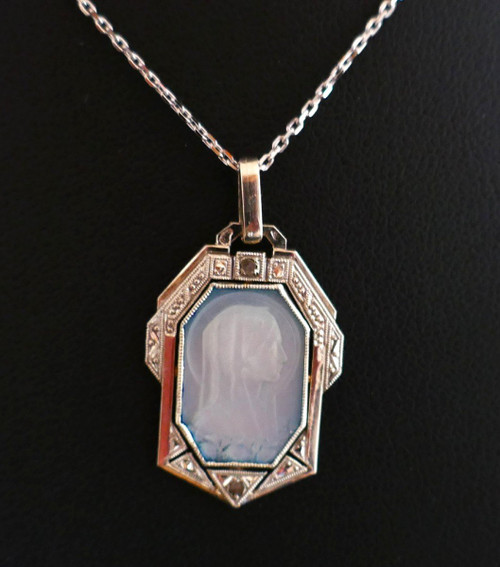 Art Deco Medal, Mother-of-Pearl Virgin, Rose-Cut Diamonds with chain.