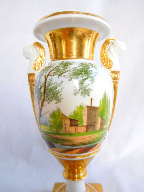 Empire Paris Porcelain Vase with Winged Lion Busts - Italian Landscapes 22cm