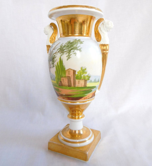 Empire Paris Porcelain Vase with Winged Lion Busts - Italian Landscapes 22cm