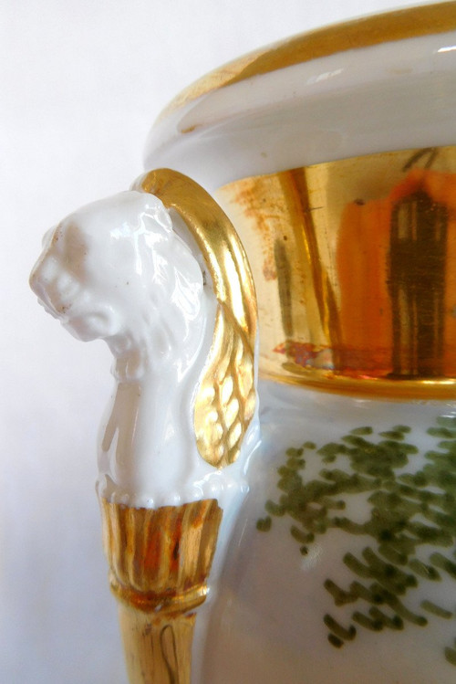 Empire Paris Porcelain Vase with Winged Lion Busts - Italian Landscapes 22cm