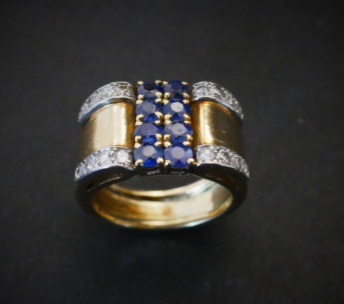 Sapphire And Diamond Tank Ring, 18 Carat Gold.