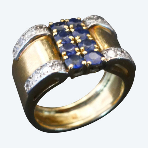 Sapphire And Diamond Tank Ring, 18 Carat Gold.