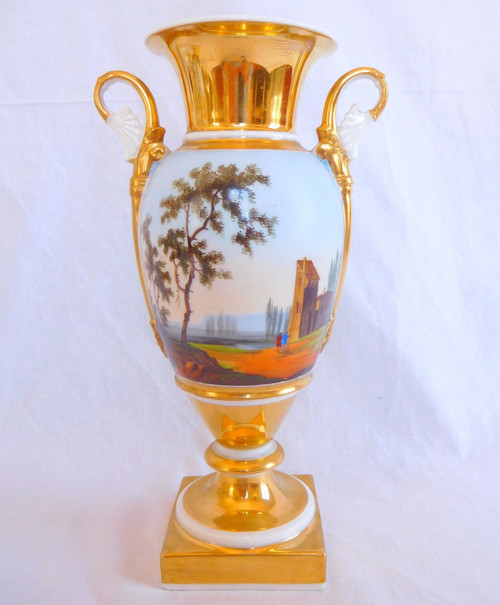 Paire De Vases Empire En Porcelaine De Paris - Paysages Tournants