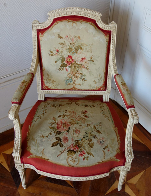 Claude Séné, Louis XVI Period Queen Armchair, Beauvais Tapestry & Inventory Number